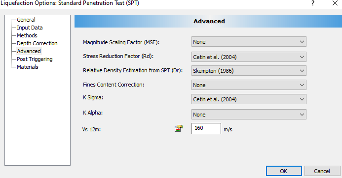 Liquefaction Options: Standard Penetration Test dialog